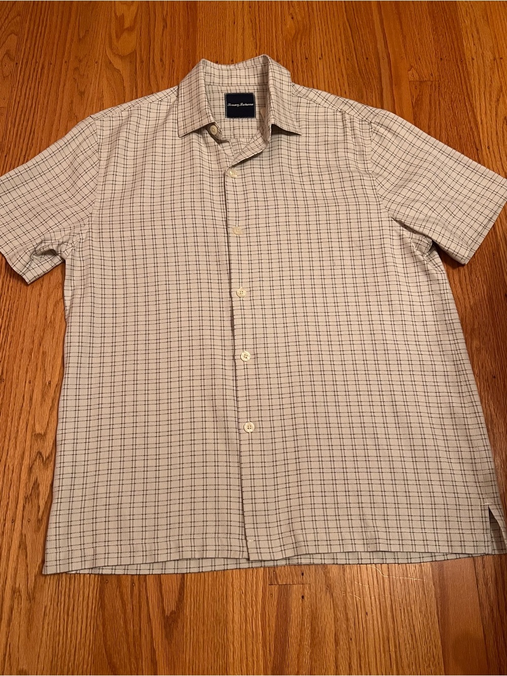 Tommy Bahama Men’s Short Sleeve Cream and Grey Silk Shirt Medium NWT
